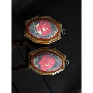 Vintage Beaded Red Rose Wood Wall Art Pair Small Octagon Floral Plaques Set of 2